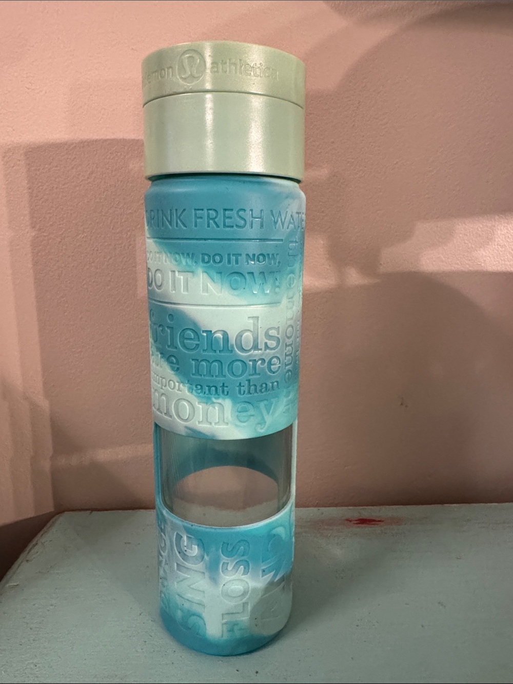 lululemon athletica Mint and Aqua Glass Water Bottle with Silicone Sleeve